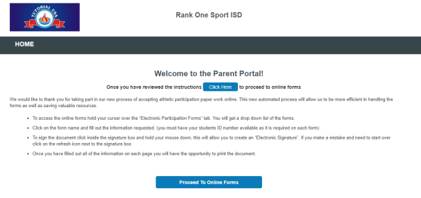 Instructions page provided by the school