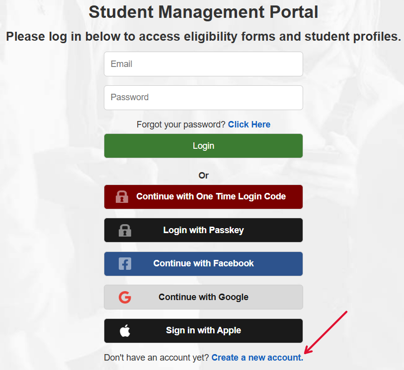 Parent account login and creation screen