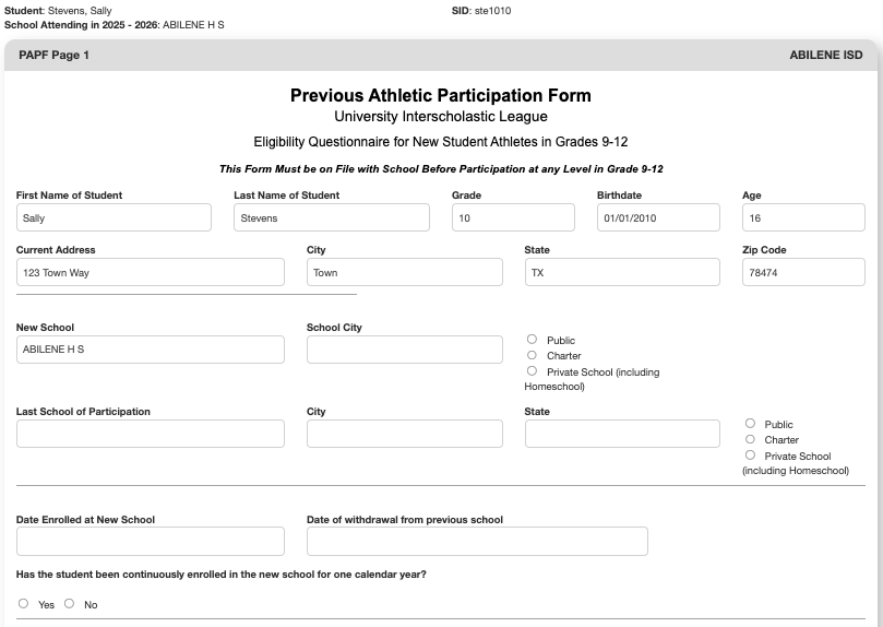 The PAPF form showing detailed questions about school transfer